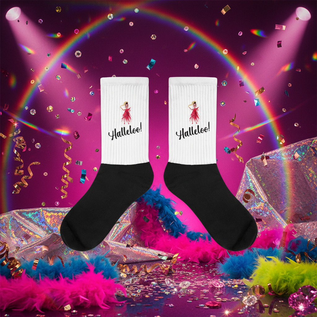 Crew-length black and white Halleloo! Drag Queen Socks with “Halleloo!” and a pink figure pop in a rainbow confetti party scene.