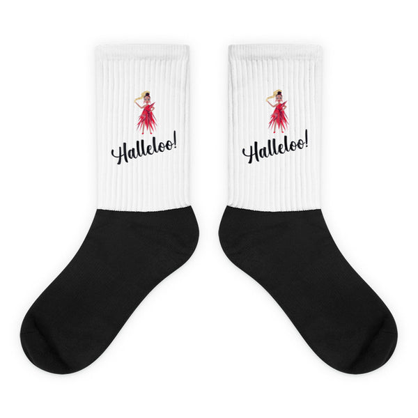 Halleloo! Drag Queen Socks feature a bold black foot and a white leg with a red-dressed dancer graphic and Halleloo! text, embodying vibrant self-expression and LGBTQIA+ pride.