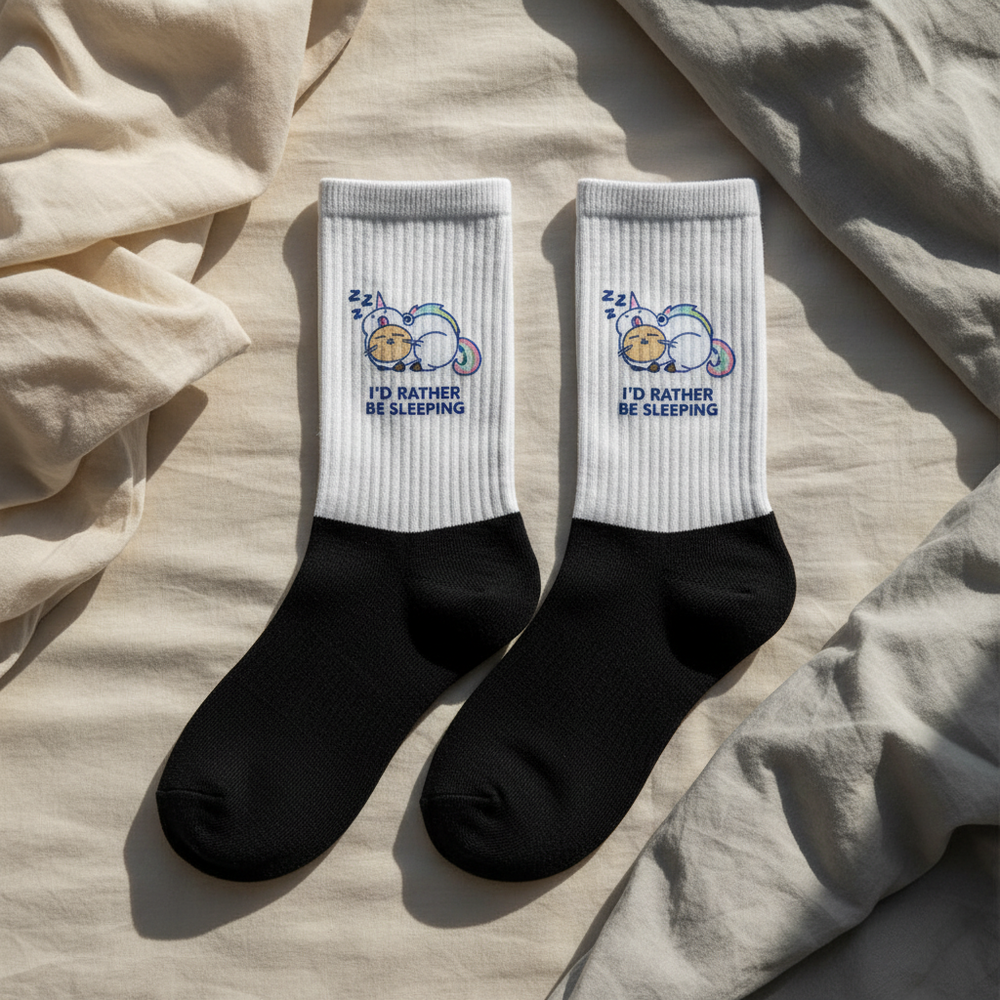 Crew socks with white ribbed cuffs, black feet, cartoon unicorns, ZZZs, and “I’D RATHER BE SLEEPING” in blue on each cuff.