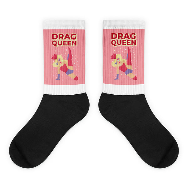 Crew-length Drag Queen Socks featuring a blonde drag performer illustration doing a split with DRAG QUEEN text, embodying vibrant LGBTQIA+ pride and self-expression in bold black and white with cushioned comfort.