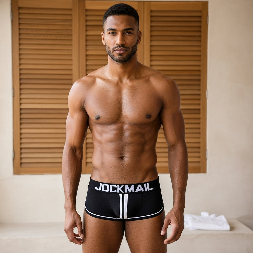 Adult model wearing black Jockmail sports boxers with white piping before oak shutters.
