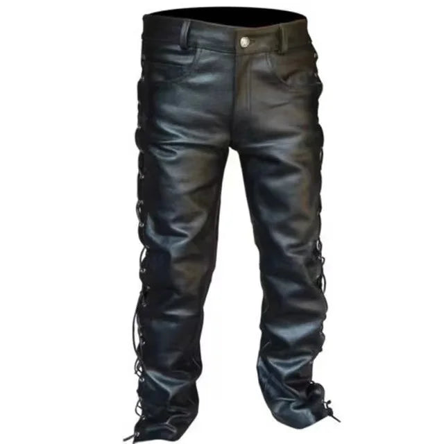Front view of black faux-leather pants with lace-up detailing along both outer legs