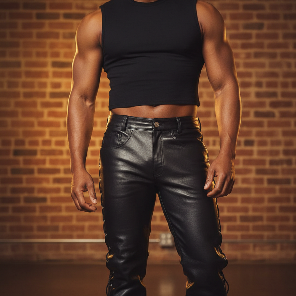 Person by brick wall in sleeveless black crop top and lace-up PU leather pants; cropped to show bold queer kink fashion.