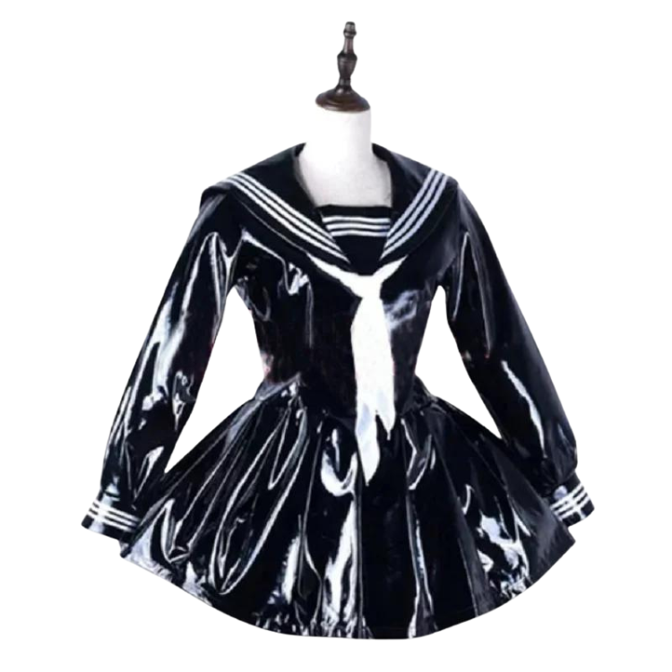 Front-facing black glossy PVC sailor-style maid dress on a mannequin