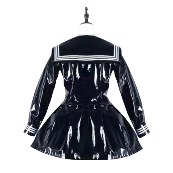 Back view of a black glossy maid-style costume dress with white sailor stripes