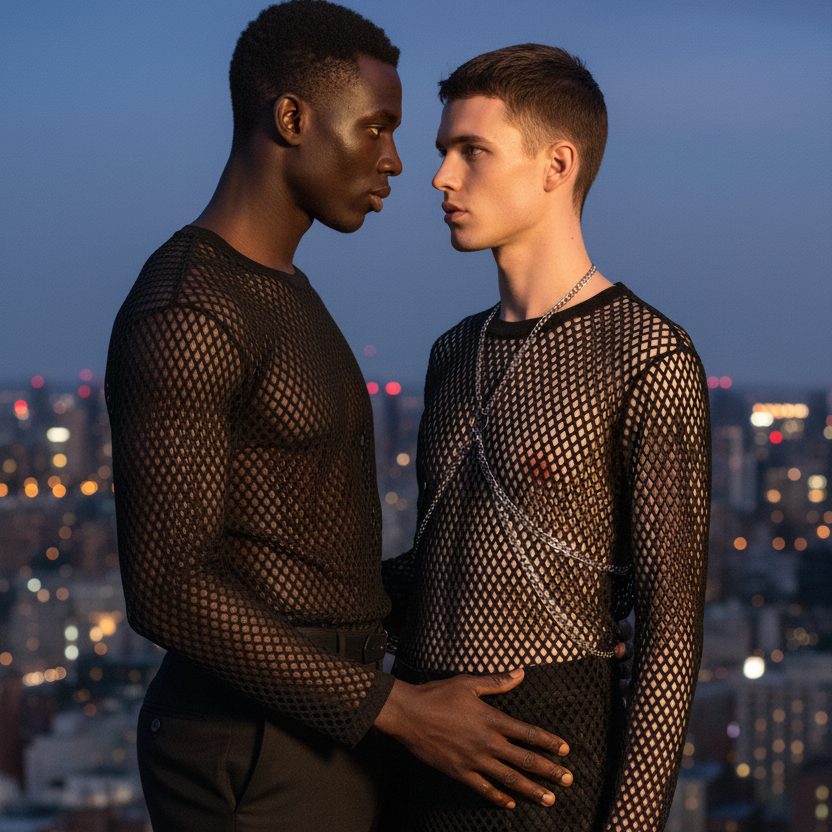 Two people in black see-through mesh long-sleeve shirts on a rooftop at dusk