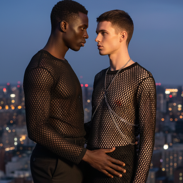 Two people in black see-through mesh long-sleeve shirts on a rooftop at dusk