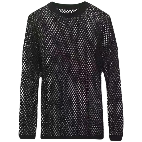 Front view of a black see-through mesh shirt with long sleeves