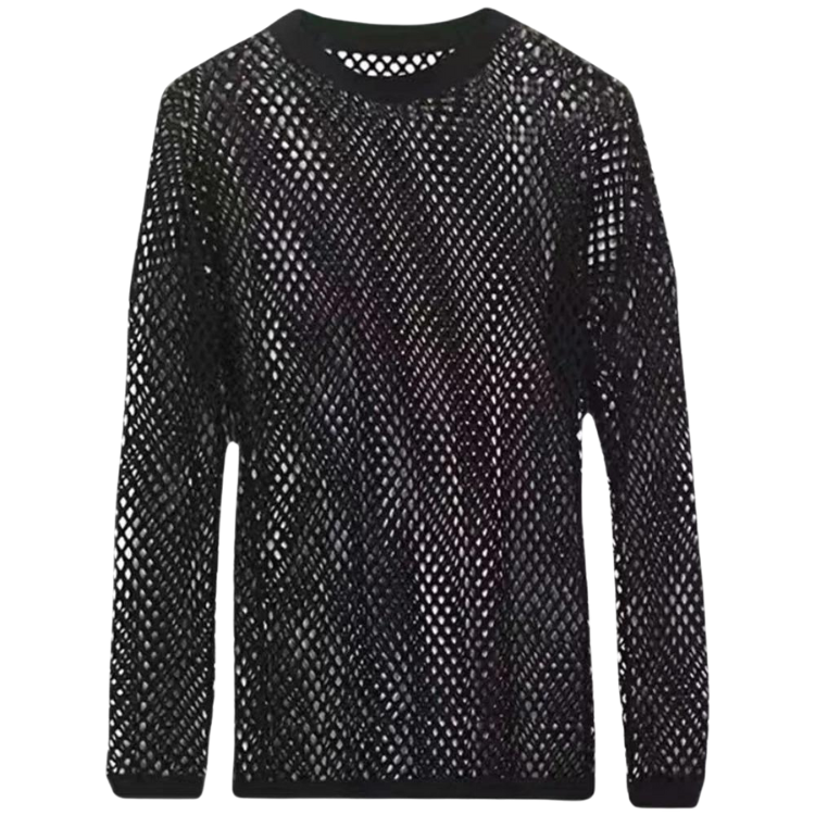 Front view of a black see-through mesh shirt with long sleeves