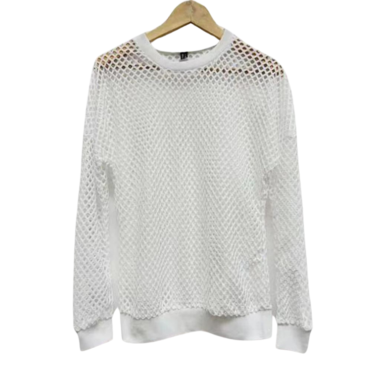 White long-sleeve mesh shirt hanging on a wooden hanger against a white background