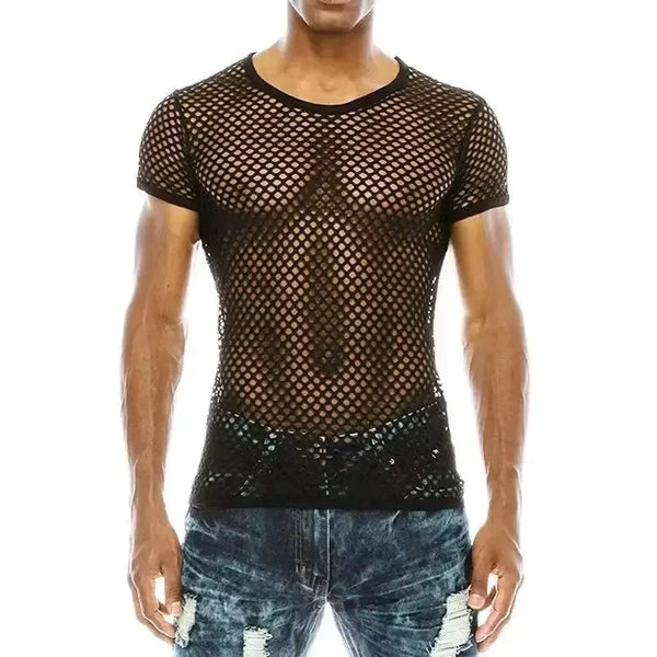 Front view of a model wearing a black short-sleeve fishnet mesh T-shirt