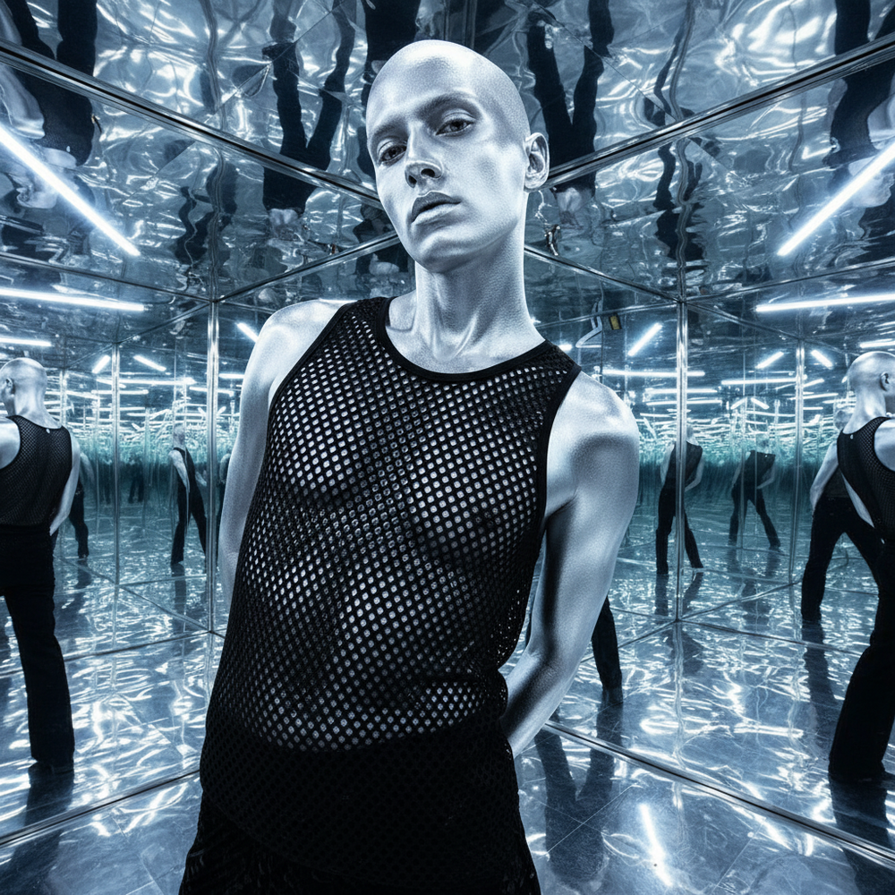 Model wearing a black mesh tank top in a mirrored room