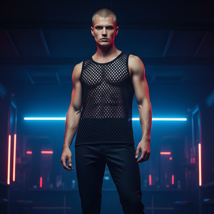 Model wearing a black mesh tank top in a neon-lit futuristic room