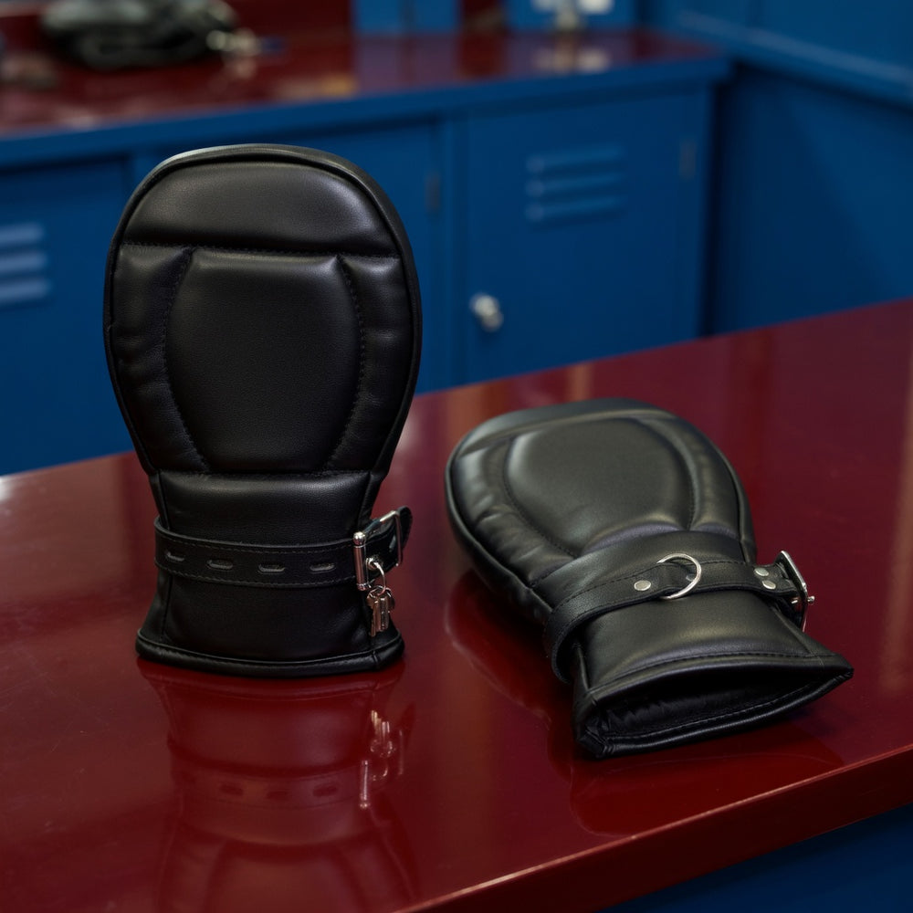 Two black padded pup-play mitts with silver wrist hardware on a red lacquer workbench