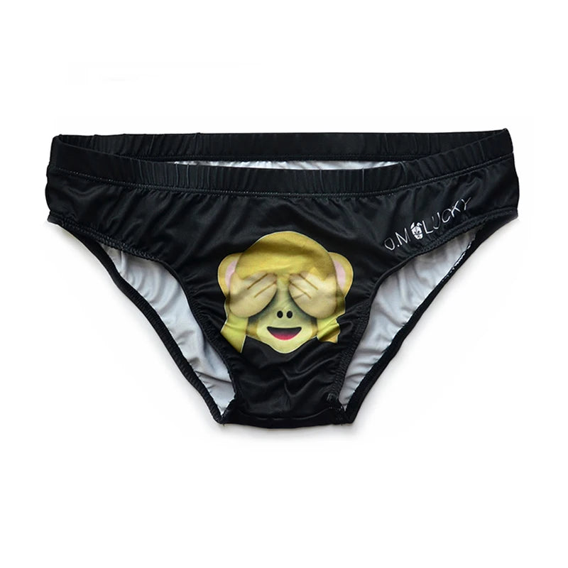Front view of black men's pouch briefs with a see-no-evil monkey graphic and white lining