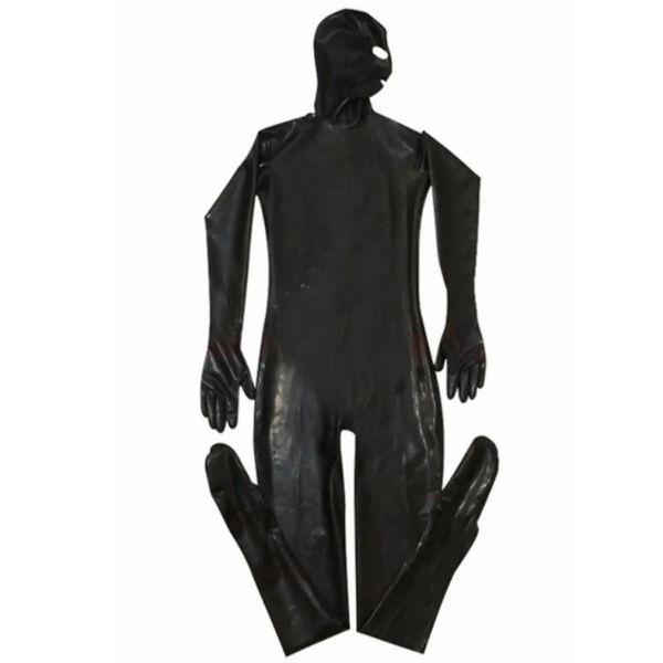 Front view of a black glossy full-body cosplay bodysuit with hood, gloves, and boot covers