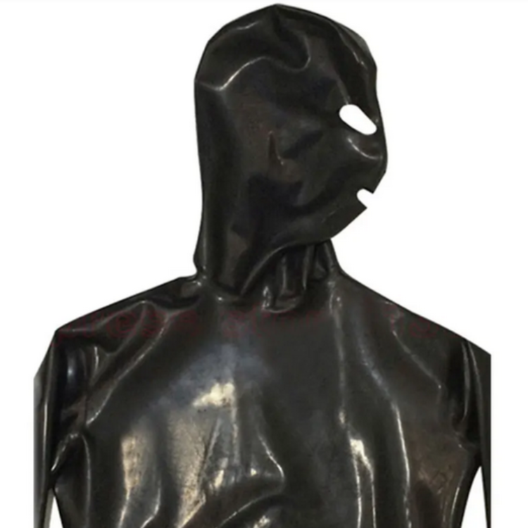 The Black Patent Cosplay Bodysuit envelops a mannequin in shiny black latex, featuring a hood with cut-outs