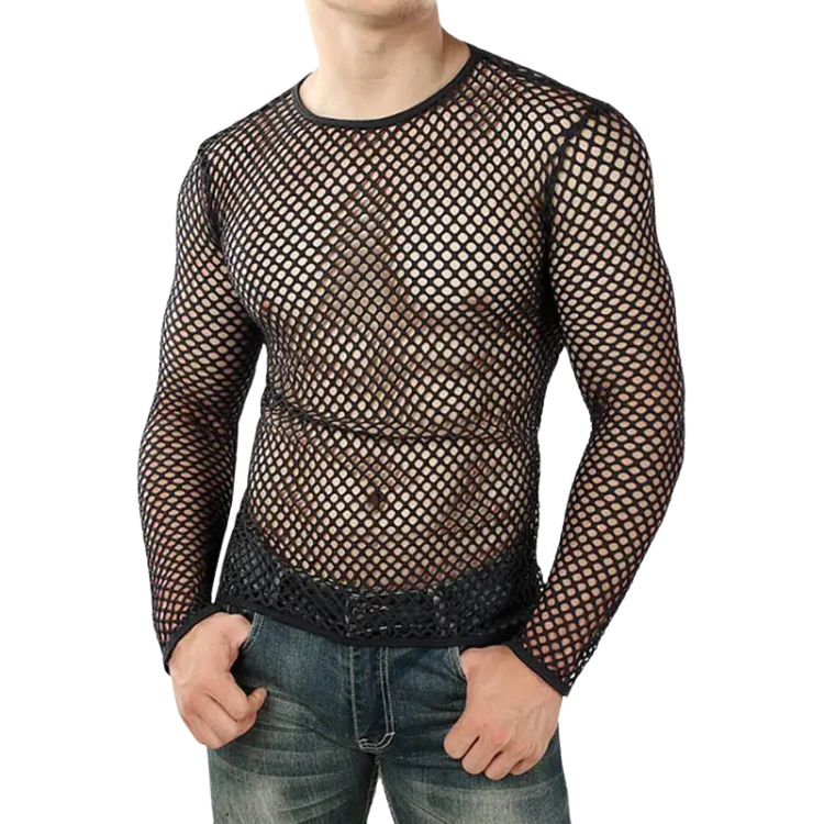 Black diamond-mesh long-sleeve shirt worn over a bare torso