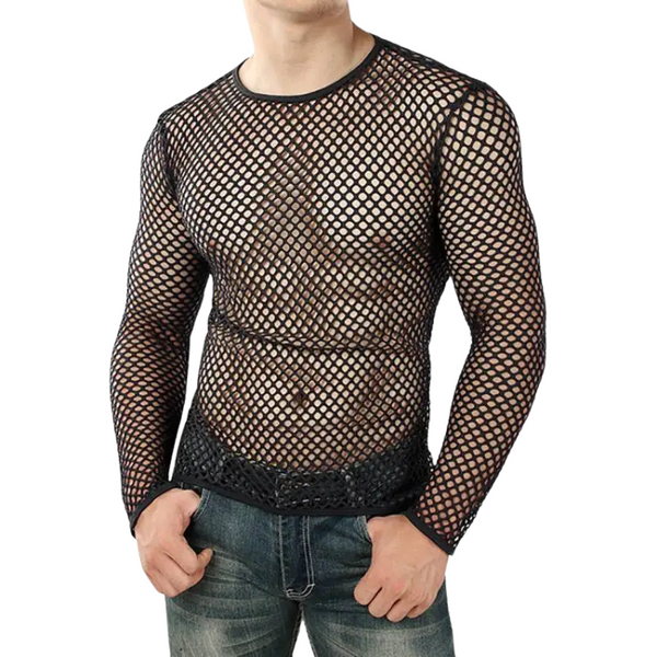 Black diamond-mesh long-sleeve shirt worn over a bare torso