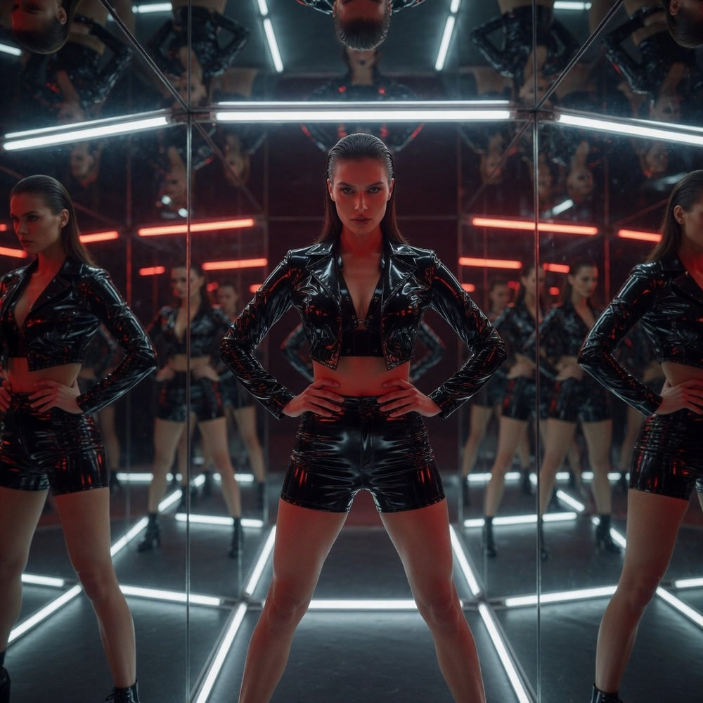 Front-facing model wears glossy black high-waisted shorts in a mirrored neon-lit room