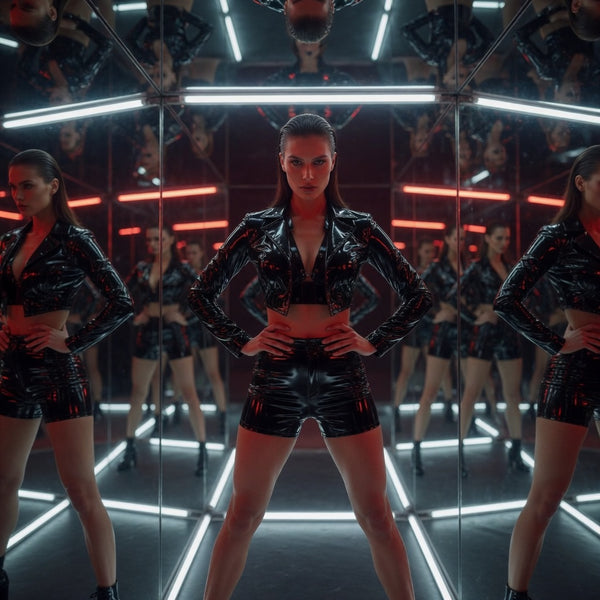 Front-facing model wears glossy black high-waisted shorts in a mirrored neon-lit room