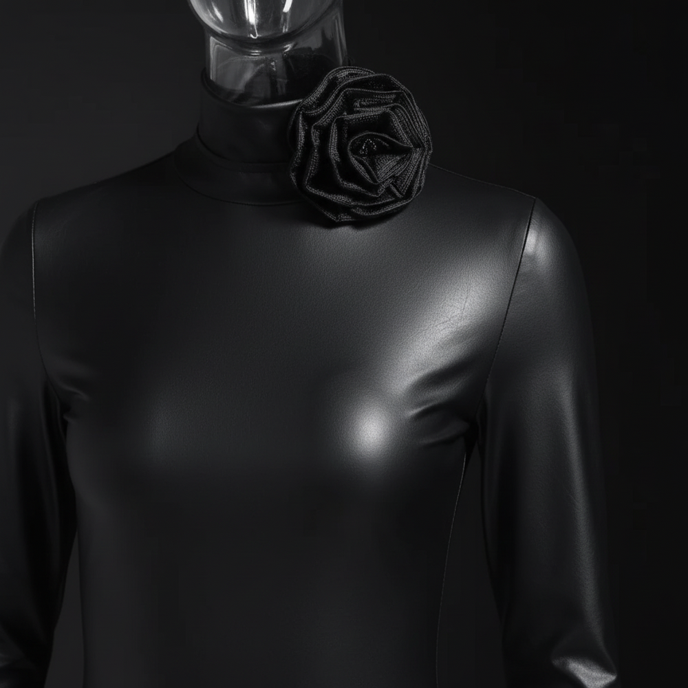 Close-up of a black long-sleeve bodysuit on a mannequin with a rose appliqué at the neck