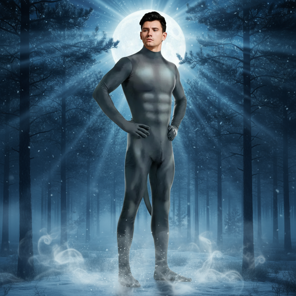 Front-facing model in a dark gray full-body bodysuit with attached tail, posed in a moonlit misty forest