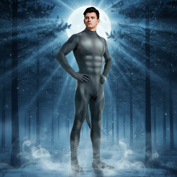 Front-facing model in a dark gray full-body bodysuit with attached tail, posed in a moonlit misty forest