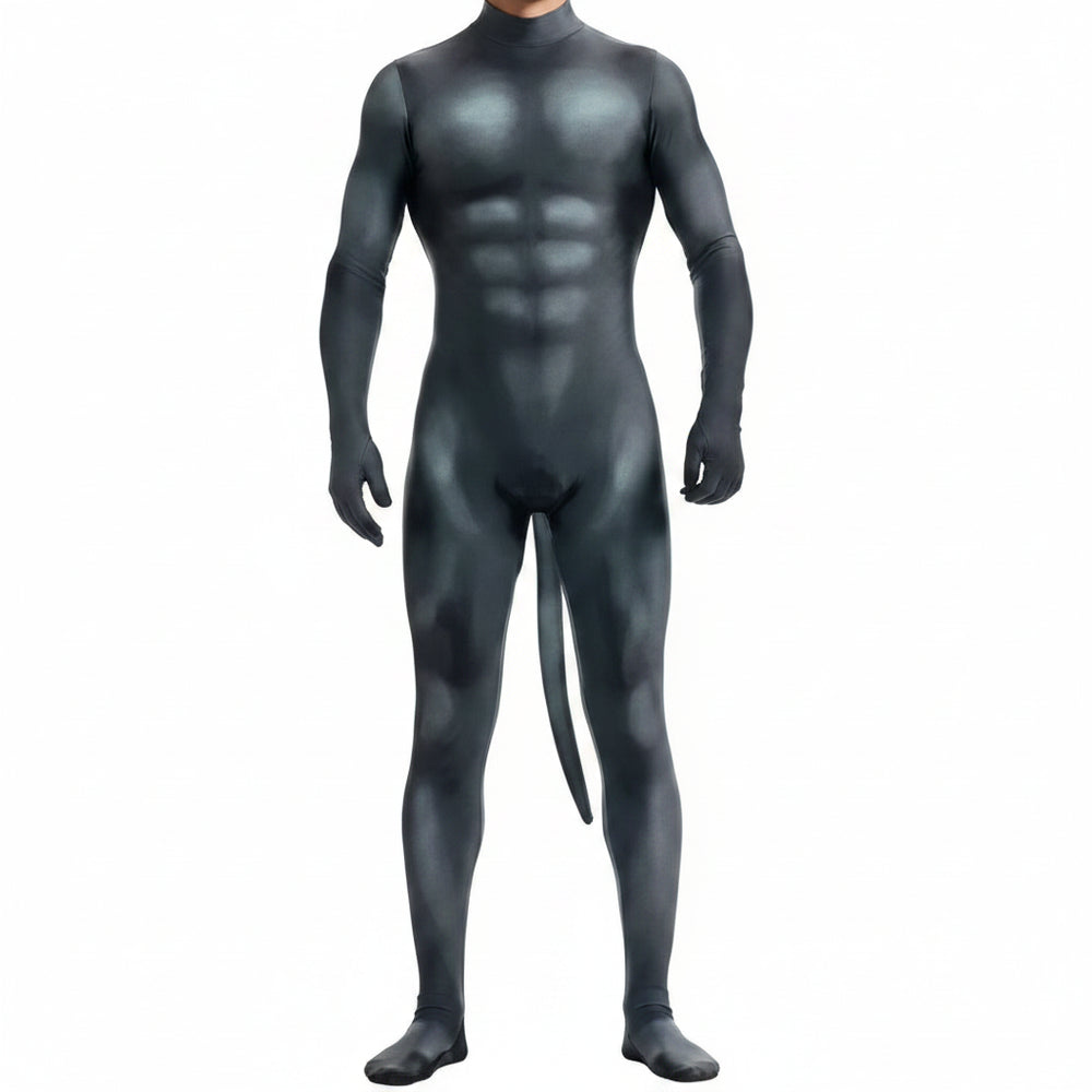 Front view of a black, full-body catsuit with molded muscles, gloves, feet, and a hanging tail