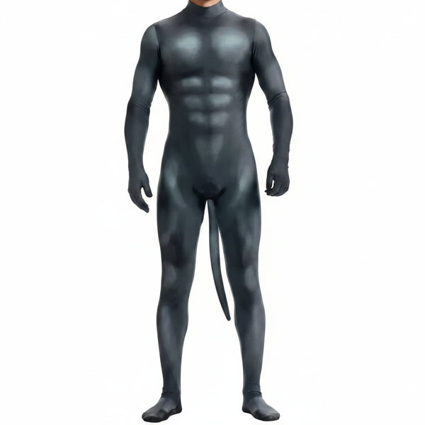 Front view of a black, full-body catsuit with molded muscles, gloves, feet, and a hanging tail
