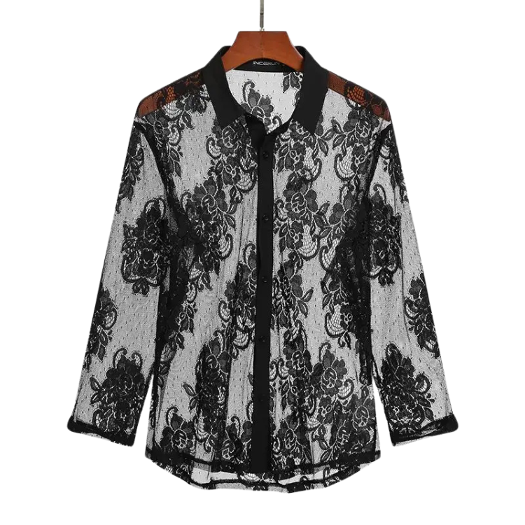 Black floral lace sheer long-sleeve shirt with collared button front on a hanger