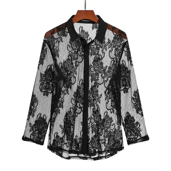 Black floral lace sheer long-sleeve shirt with collared button front on a hanger