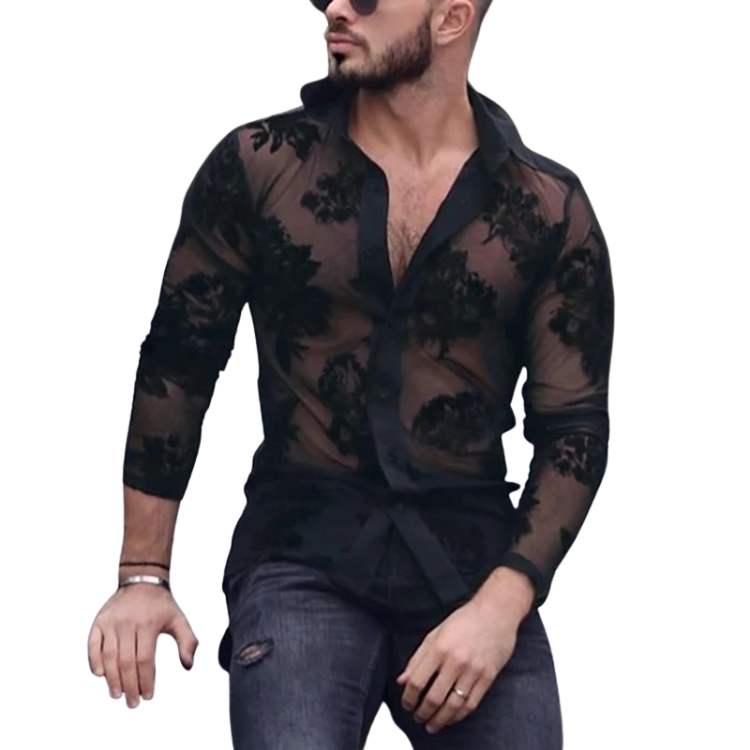 Bearded model wearing a black sheer floral-lace shirt with a dark collar and jeans