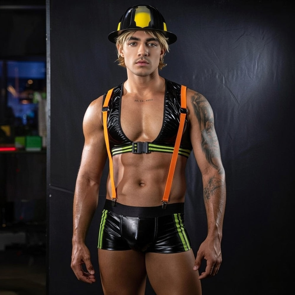 Blazing Hot Firefighter Fantasy Gear on a muscular model—shiny black/neon green harness top and shorts, orange suspenders