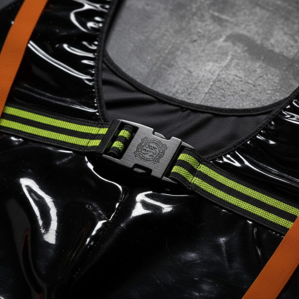 Close-up of a black glossy firefighter-style costume with lime-striped buckle straps