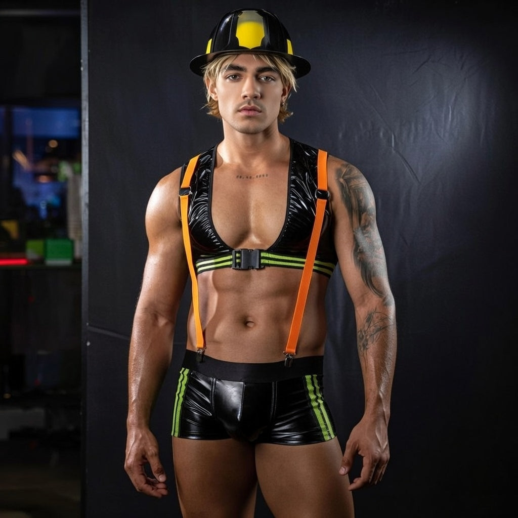 Blazing Hot Firefighter Fantasy Gear on a muscular model—shiny black/neon green harness top and shorts, orange suspenders
