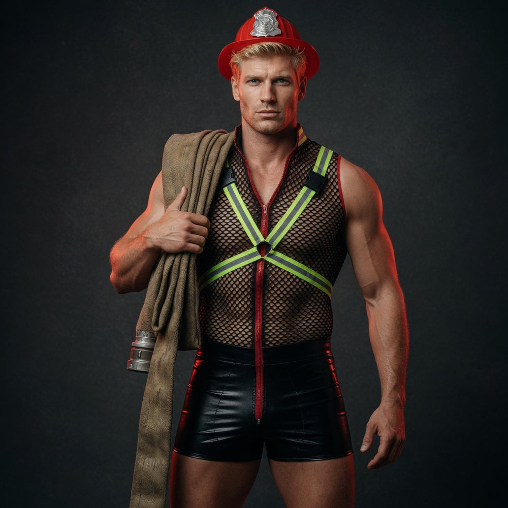 Muscular model in a red fire helmet, mesh harness top, and black shorts