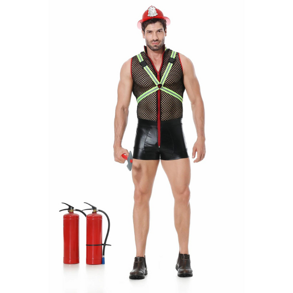 Front-facing person in a red fire helmet, mesh harness top, black shorts, and boots, holding an axe beside two extinguishers