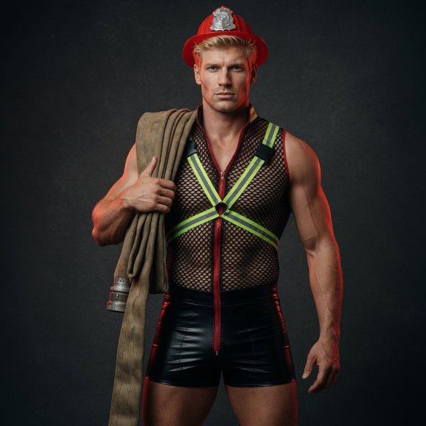 Muscular model in a red fire helmet, mesh harness top, and black shorts