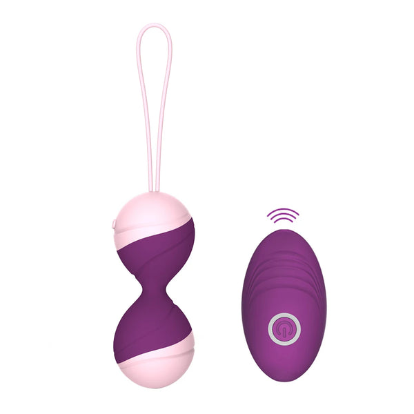 Pink and purple connected kegel beads beside a purple remote with a power button