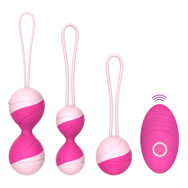 Three pink-and-white kegel bead pairs beside a pink vibrating controller