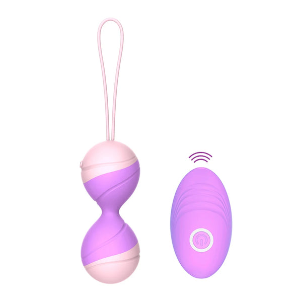 Pink and purple double kegel balls beside a matching oval remote with a power button
