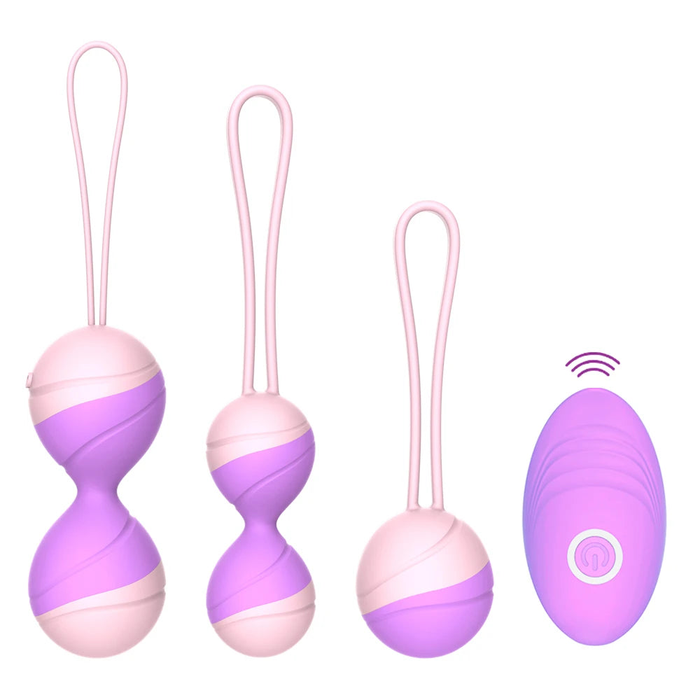 Three pink and purple kegel bead strands beside a purple vibrating remote