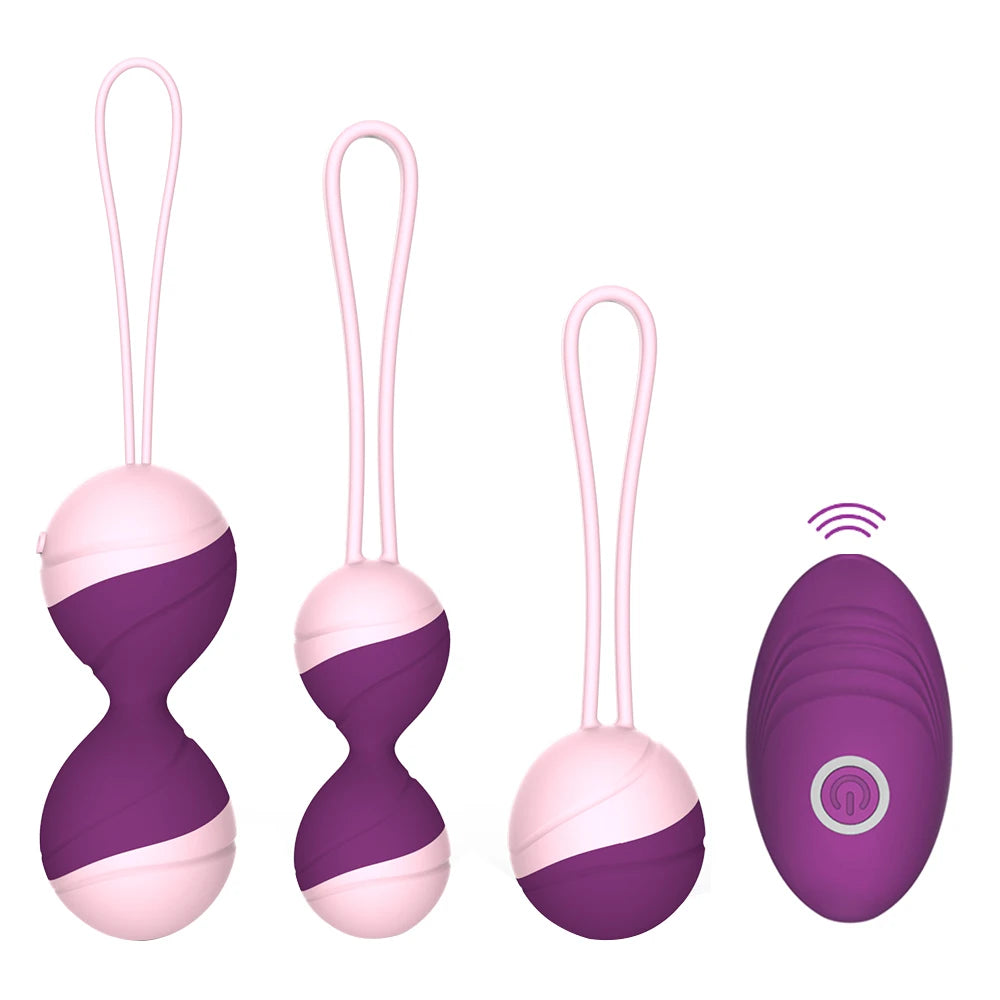 Three pink-and-purple kegel bead sets beside a purple oval remote with a power button