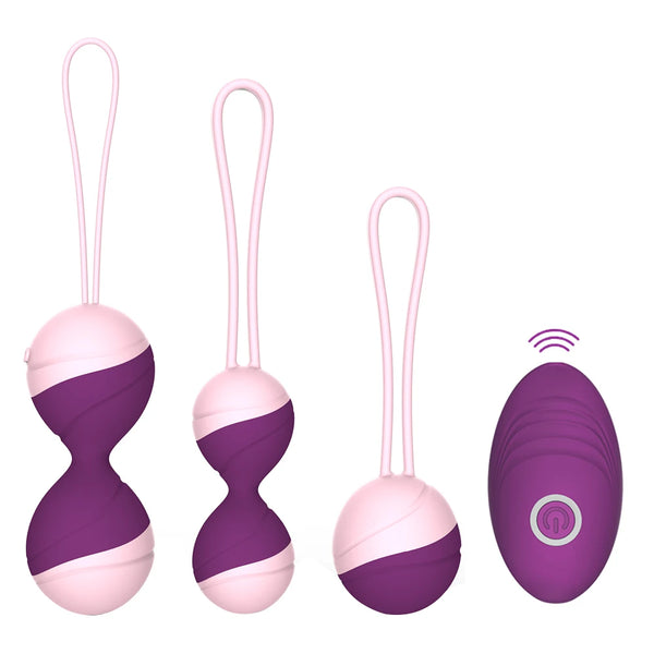 Three pink-and-purple kegel bead sets beside a purple oval remote with a power button