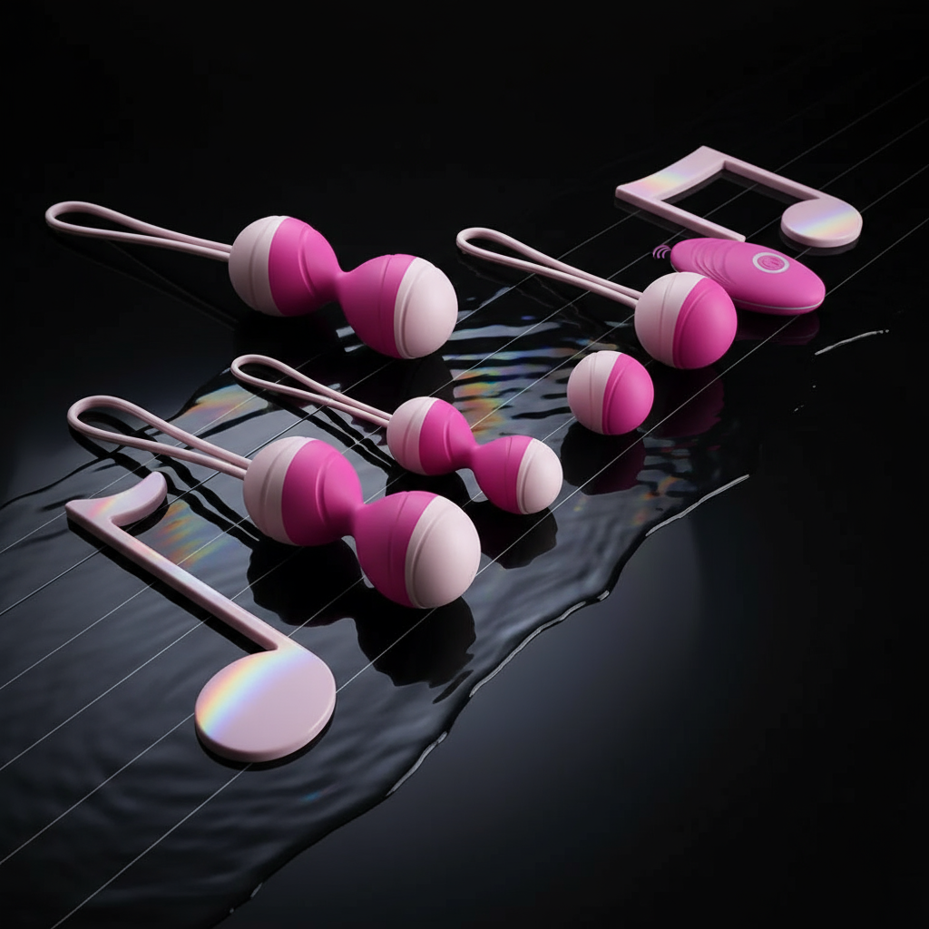 Flat lay of four pink-and-white kegel bead sets with loops and musical-note shapes