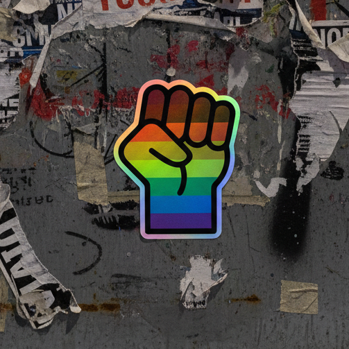 Vinyl BLM LGBT Resist sticker with a holographic rainbow-striped fist in black outline