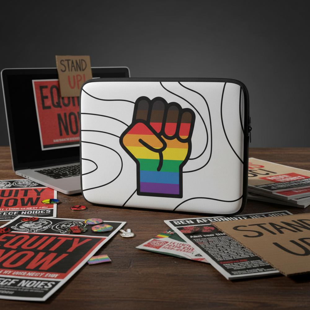 Laptop sleeve with a rainbow Pride fist, stickers and pins, “Equity Now” flyers, and queer activism vibes; bold