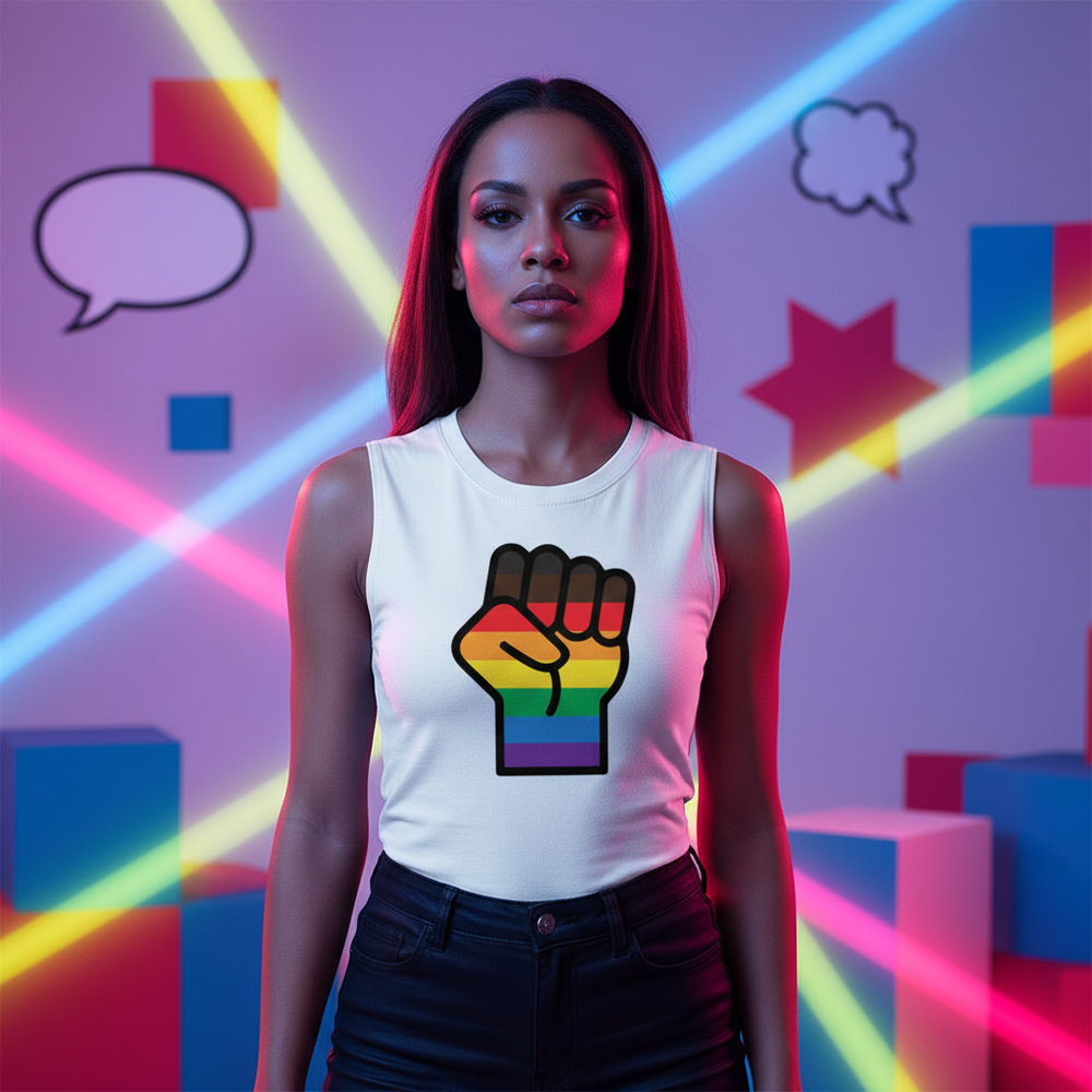 BLM LGBT Resist muscle top with rainbow raised fist, worn by a person