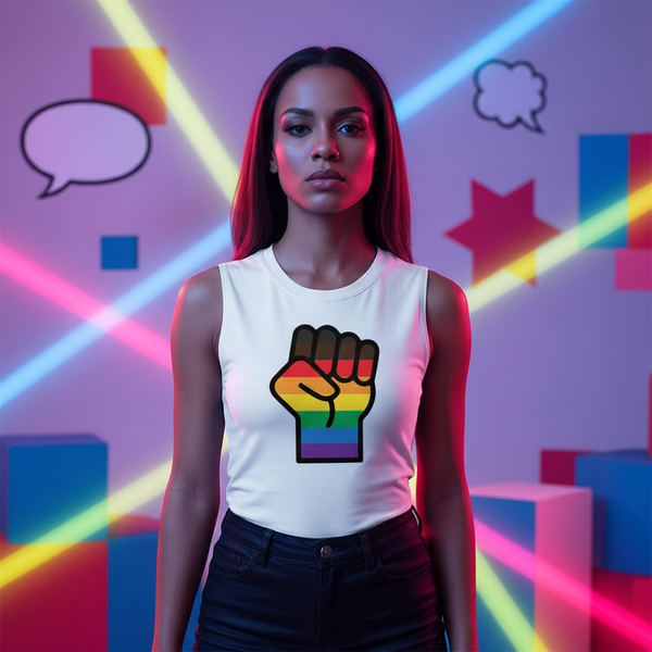 BLM LGBT Resist muscle top with rainbow raised fist, worn by a person